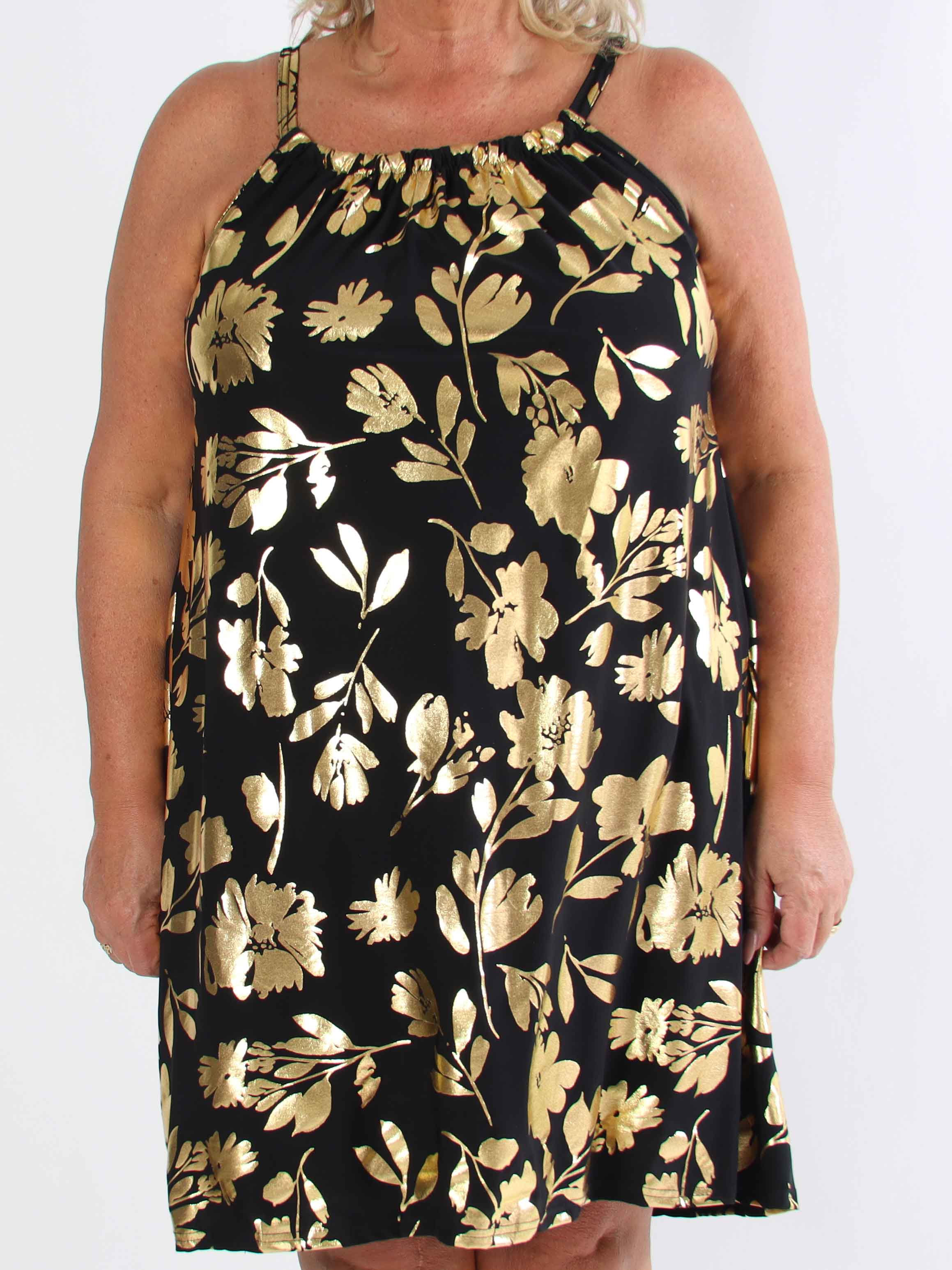 SunLove Gold Flower - Elastisk bandklänning i plusstorlek med stora guldblad